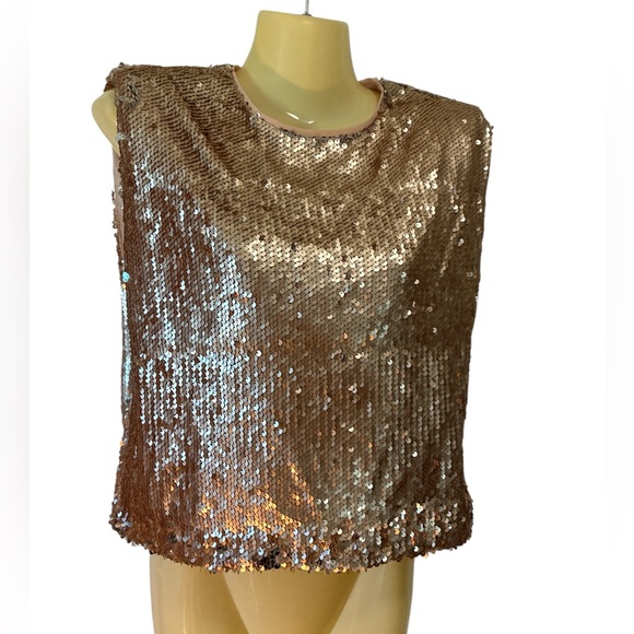 TCEC Sequin Top Sleeveless Back Zip Cropped Shiny Shimmering Holiday Gold Small - Picture 2 of 8